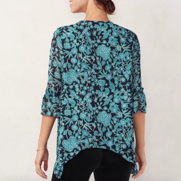 LC LAUREN CONRAD Top Blouse Pintuck Shark-Bite Patterned Teal Floral Size M L - Picture 3 of 14